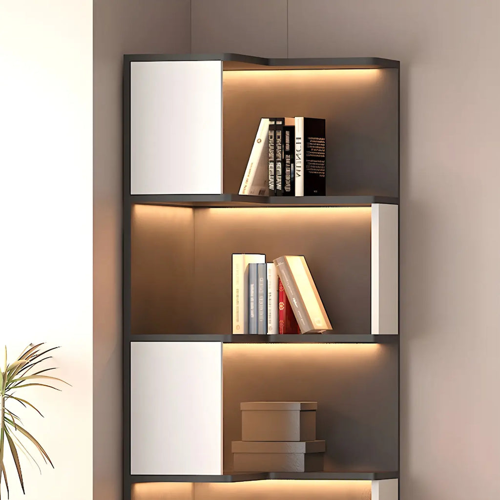 Vitrine d'angle ouverte en bois noir et blanc avec éclairage