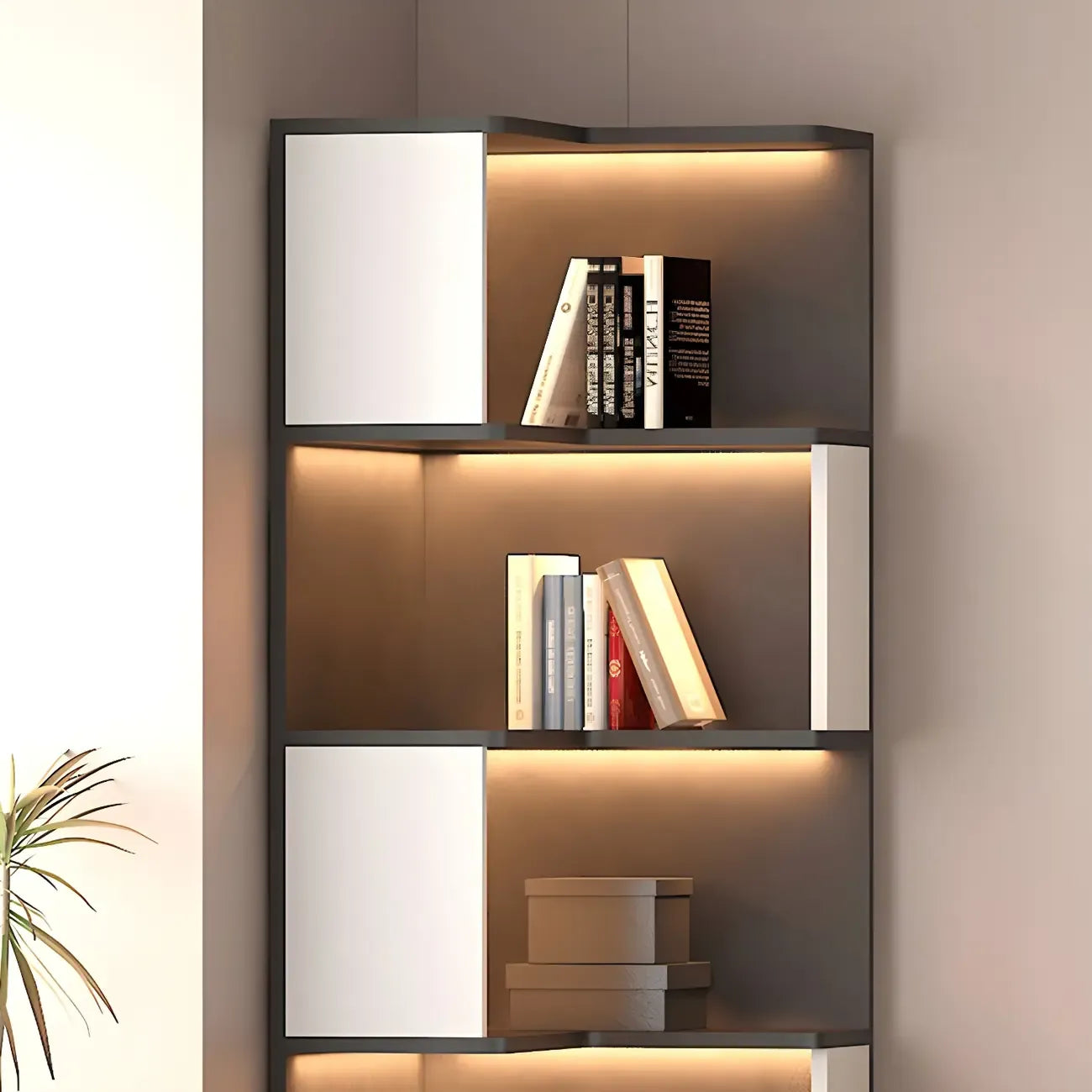 Vitrine d'angle ouverte en bois noir et blanc avec éclairage