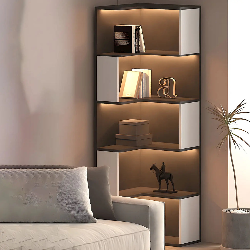 Vitrine d'angle ouverte en bois noir et blanc avec éclairage