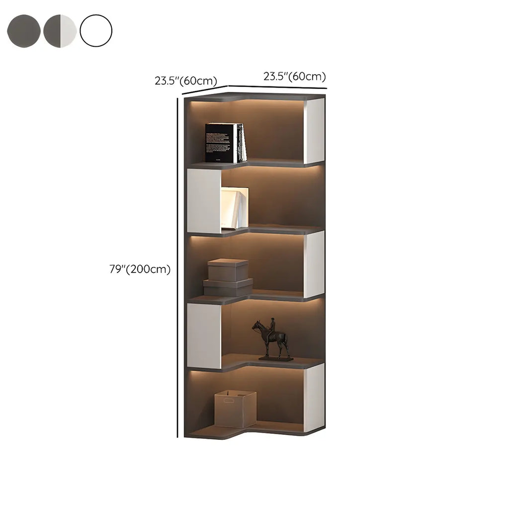 Vitrine d'angle ouverte en bois noir et blanc avec éclairage