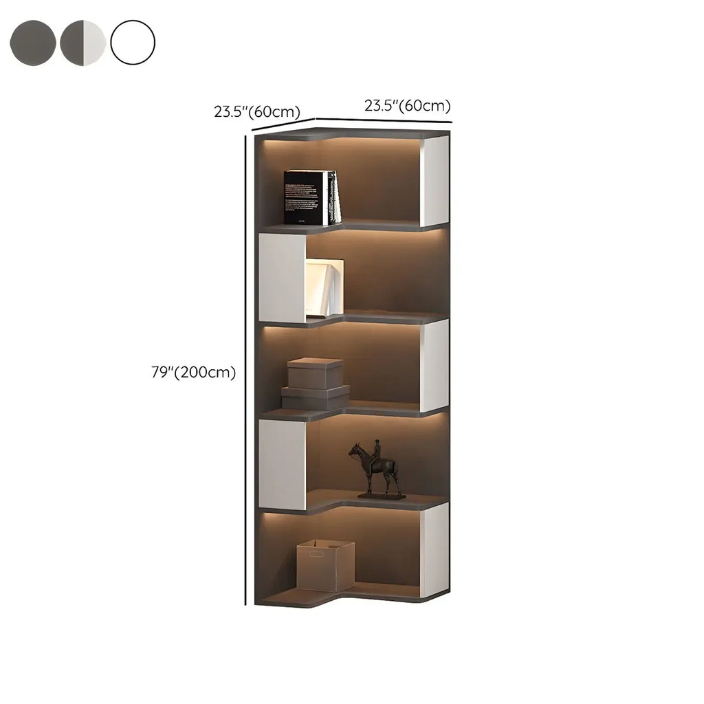Vitrine d'angle ouverte en bois noir et blanc avec éclairage