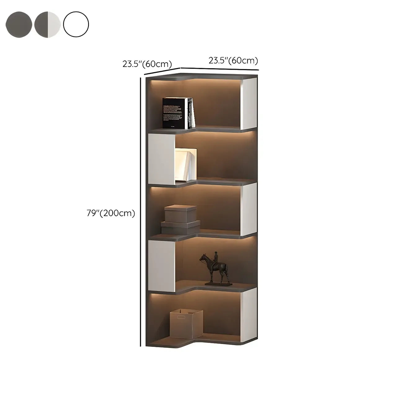 Vitrine d'angle ouverte en bois noir et blanc avec éclairage