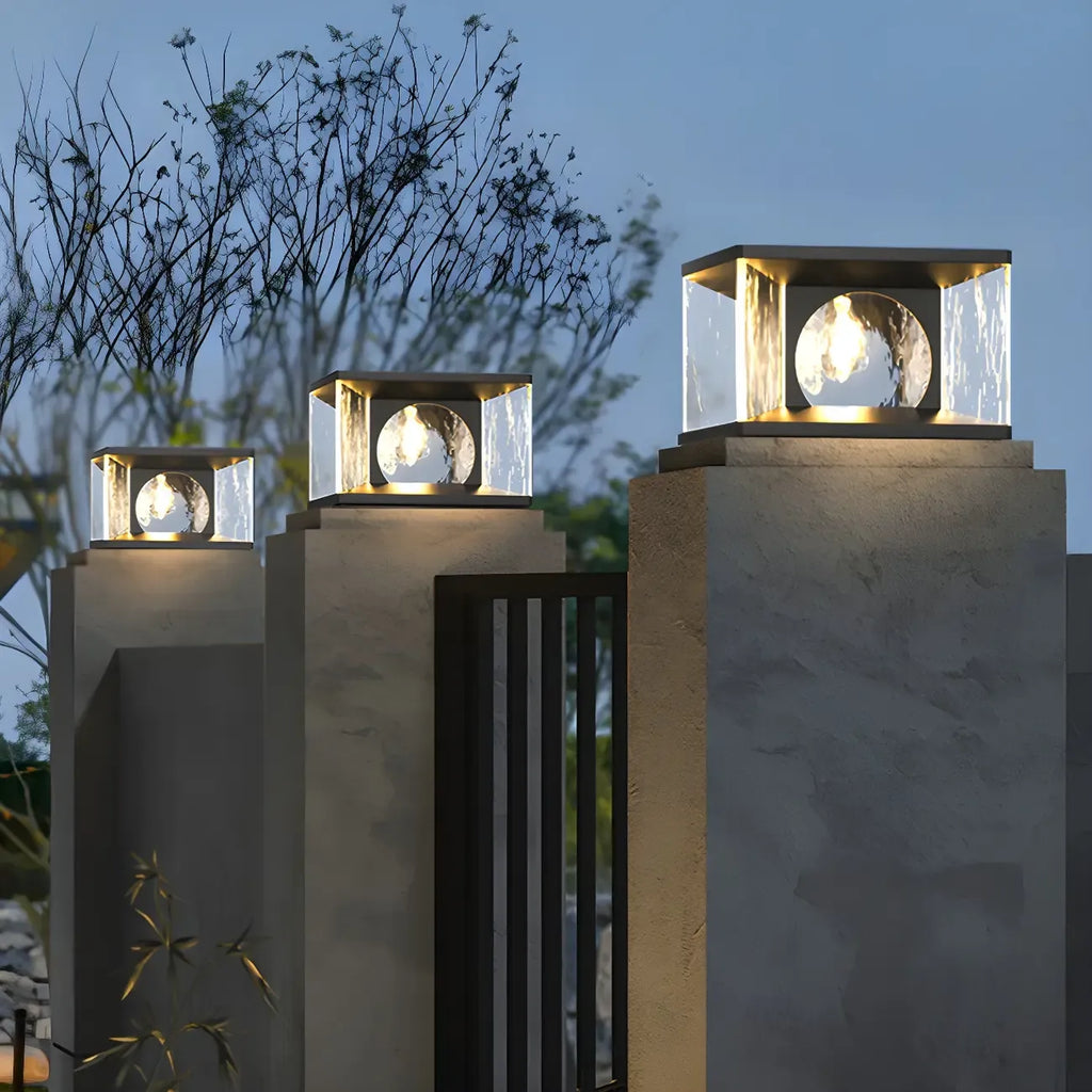 Lampe de poteau carrée en métal noir et verre transparent avec fil électrique