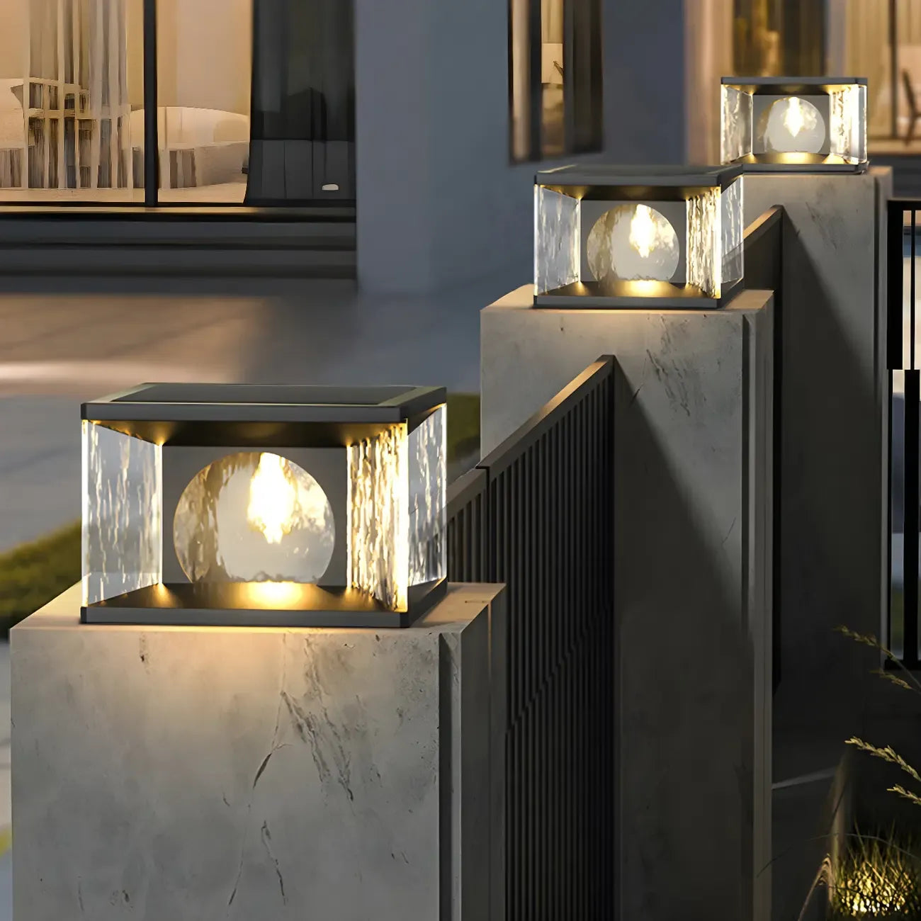 Lampe de poteau carrée en métal noir et verre transparent avec fil électrique