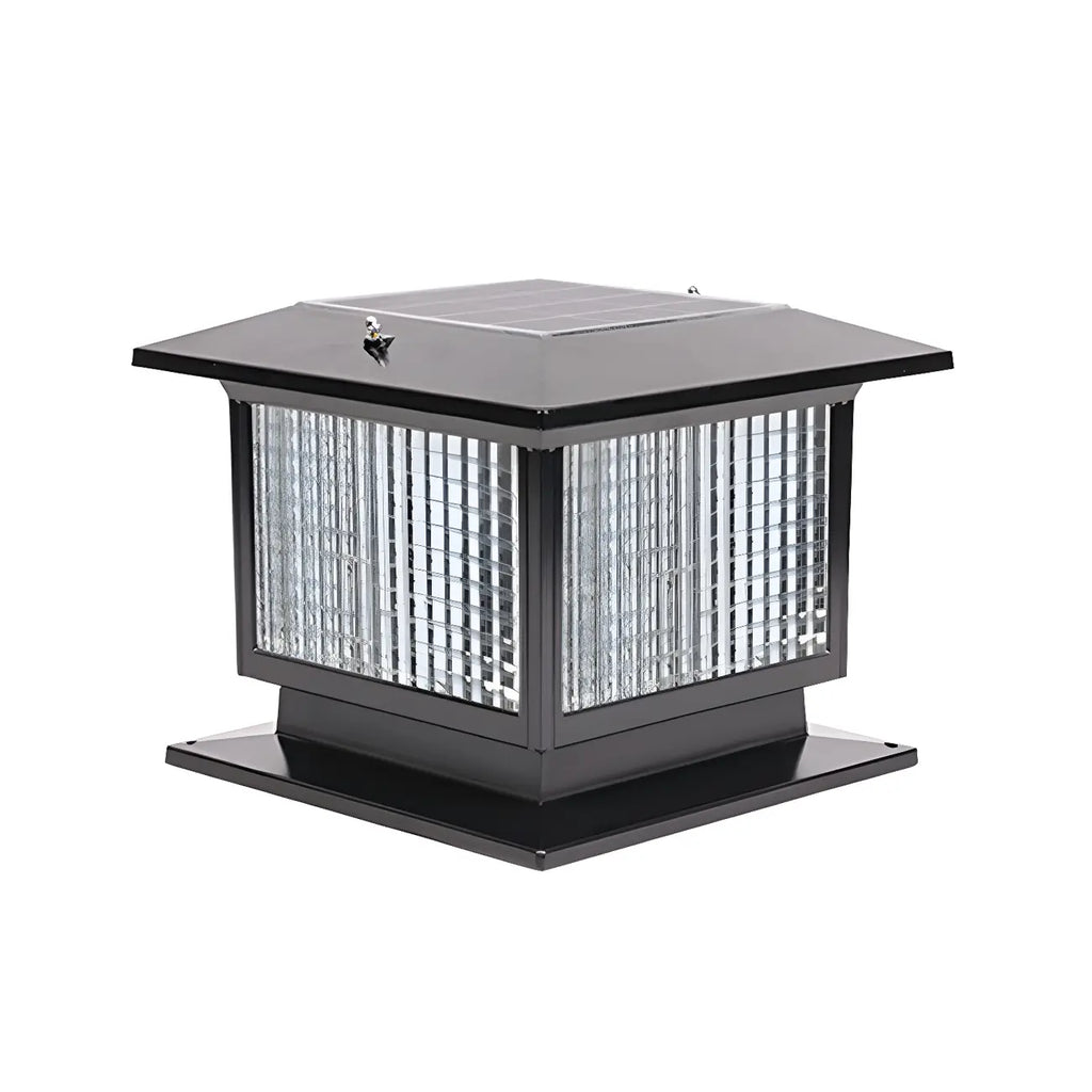Lampe solaire extérieure carrée en métal noir et verre avec capuchon de poteau pour jardin ou cour
