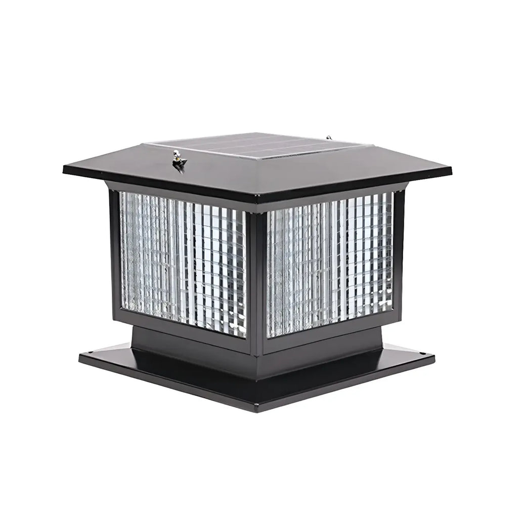 Lampe solaire extérieure carrée en métal noir et verre avec capuchon de poteau pour jardin ou cour