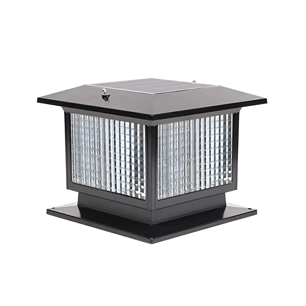 Lampe solaire extérieure carrée en métal noir et verre avec capuchon de poteau pour jardin ou cour