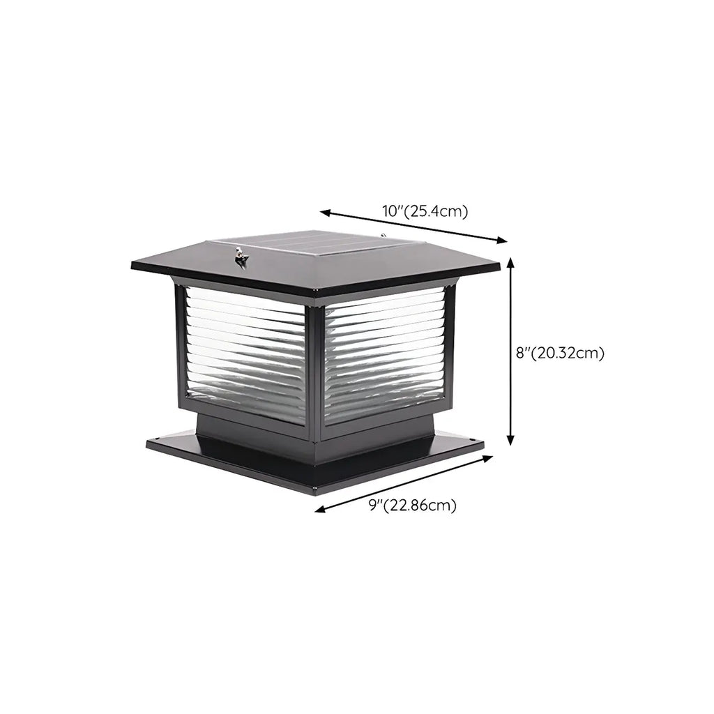 Lampe solaire extérieure carrée en métal noir et verre avec capuchon de poteau pour jardin ou cour