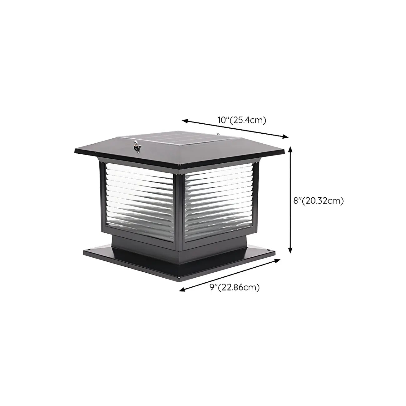 Lampe solaire extérieure carrée en métal noir et verre avec capuchon de poteau pour jardin ou cour