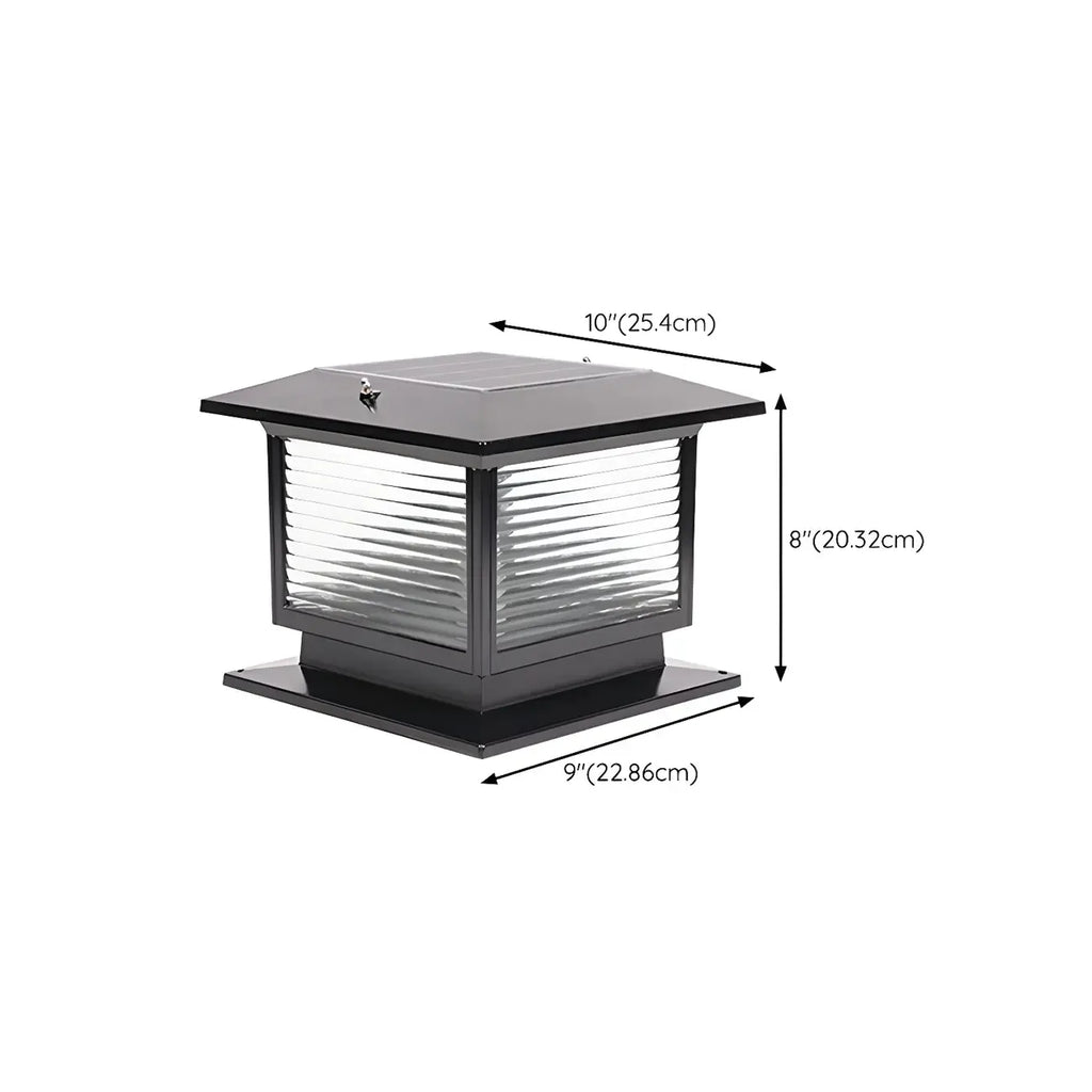 Lampe solaire extérieure carrée en métal noir et verre avec capuchon de poteau pour jardin ou cour