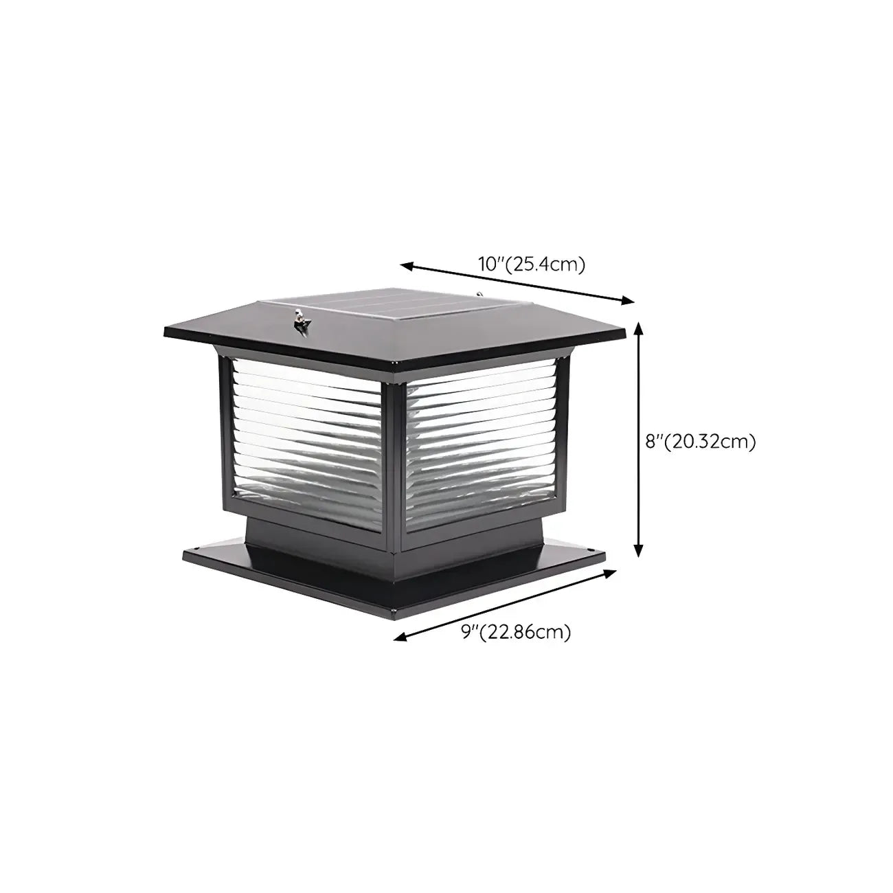 Lampe solaire extérieure carrée en métal noir et verre avec capuchon de poteau pour jardin ou cour