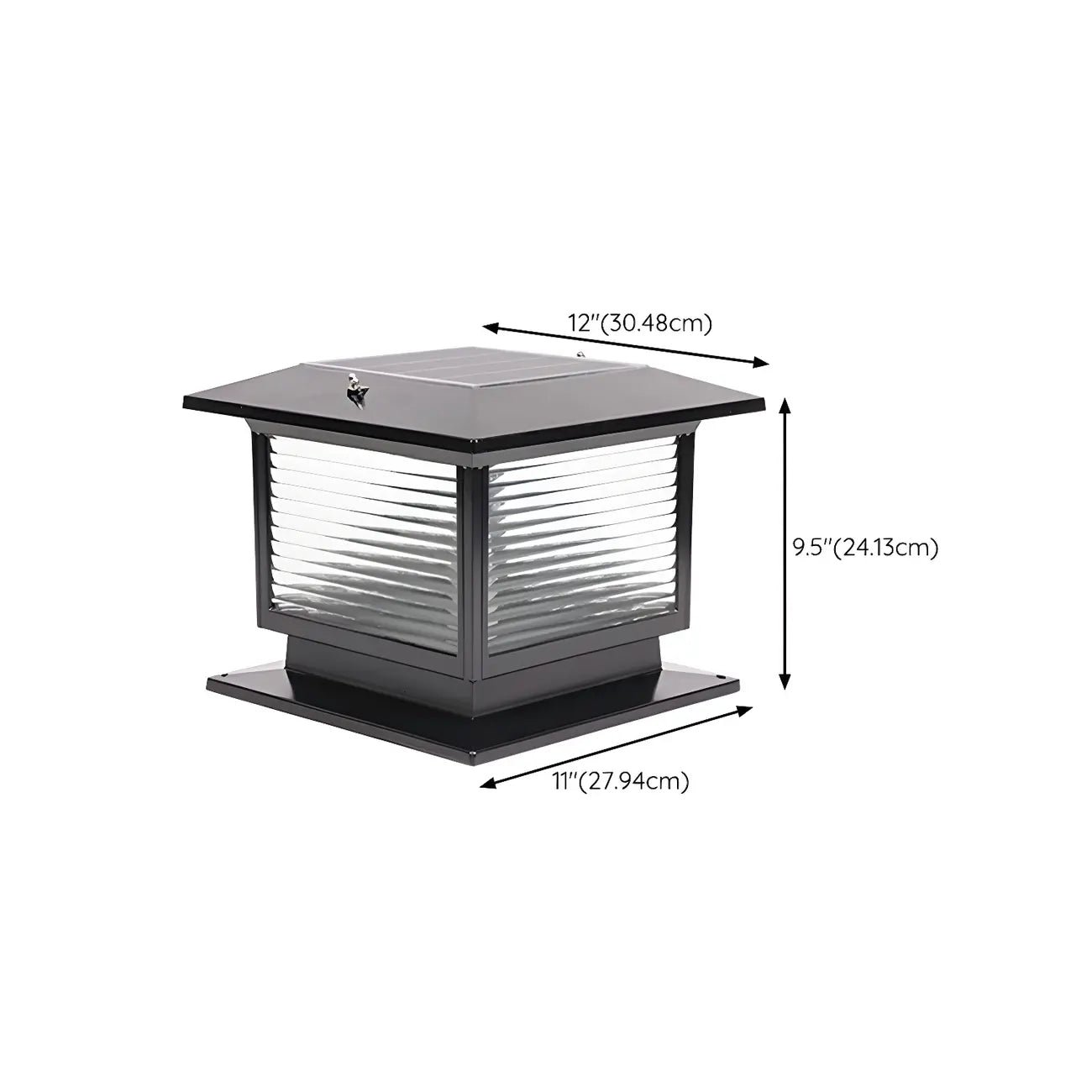Lampe solaire extérieure carrée en métal noir et verre avec capuchon de poteau pour jardin ou cour