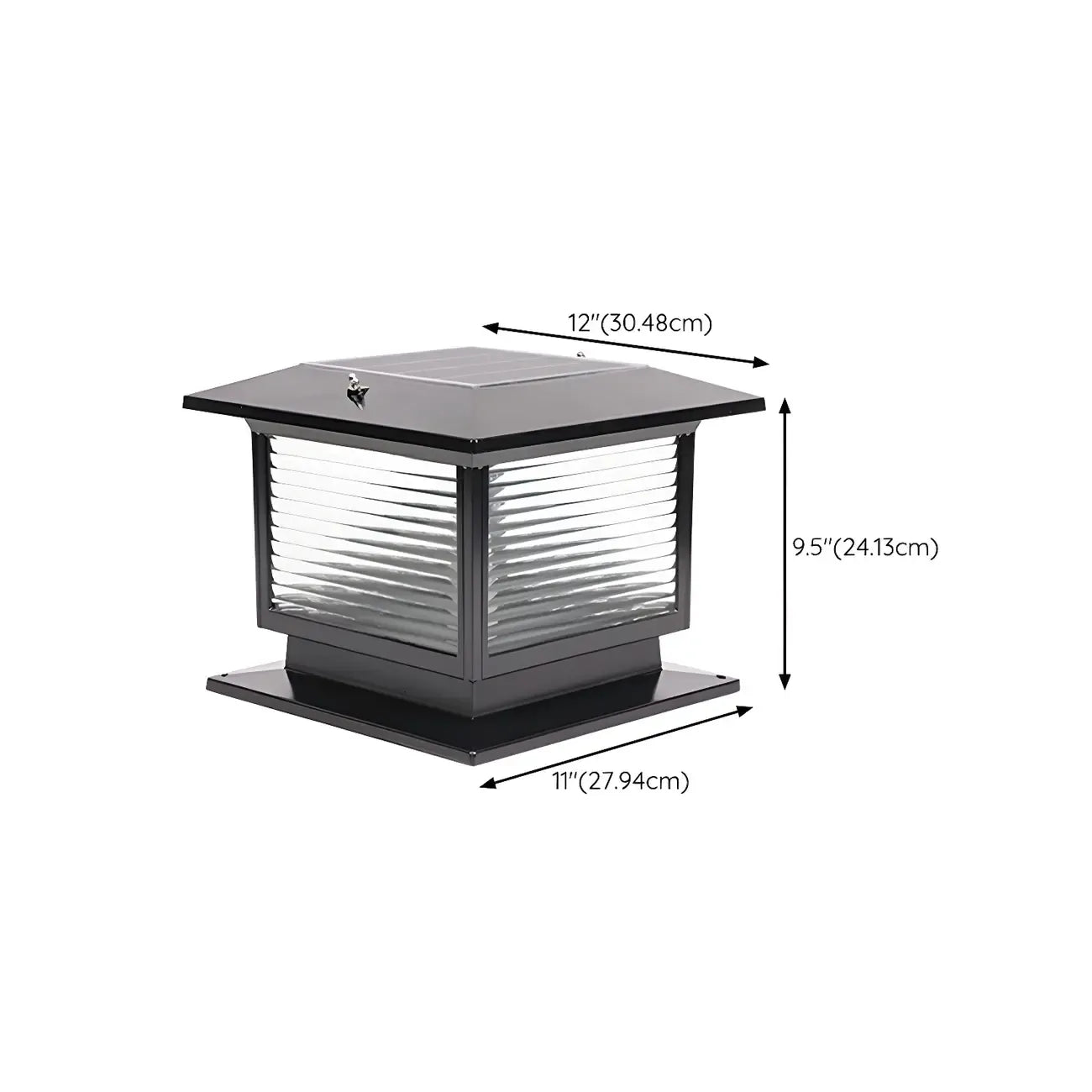 Lampe solaire extérieure carrée en métal noir et verre avec capuchon de poteau pour jardin ou cour