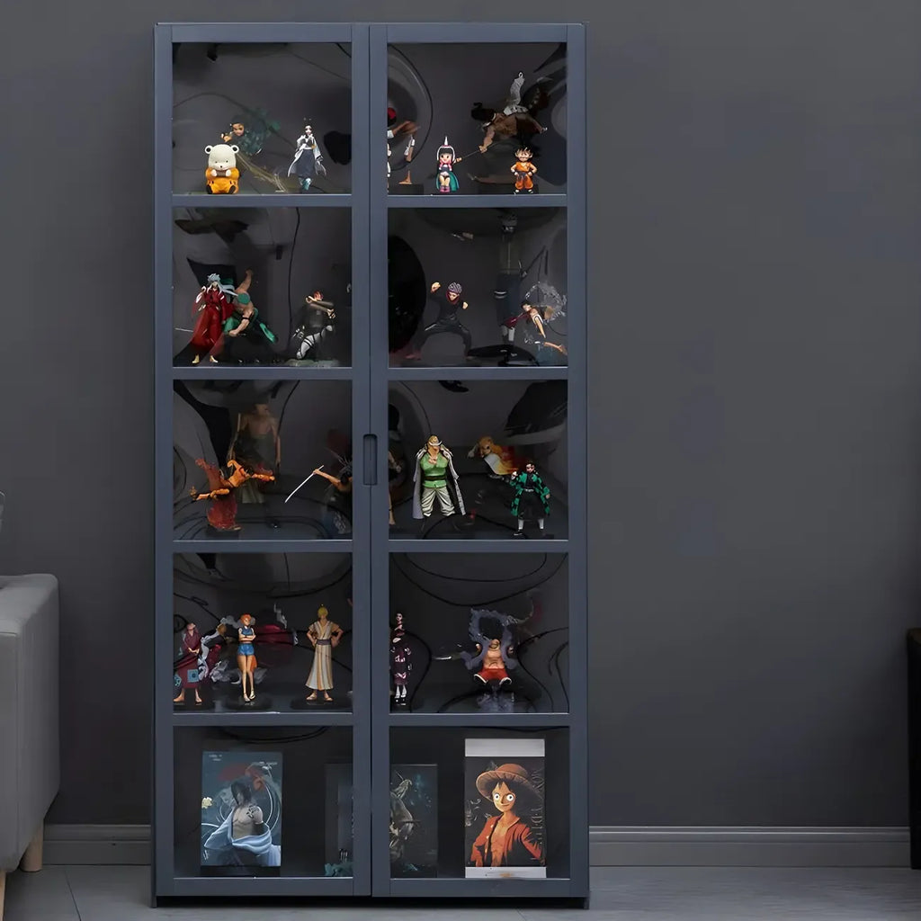 Étagère en bambou gris, vitrine avec porte en acrylique
