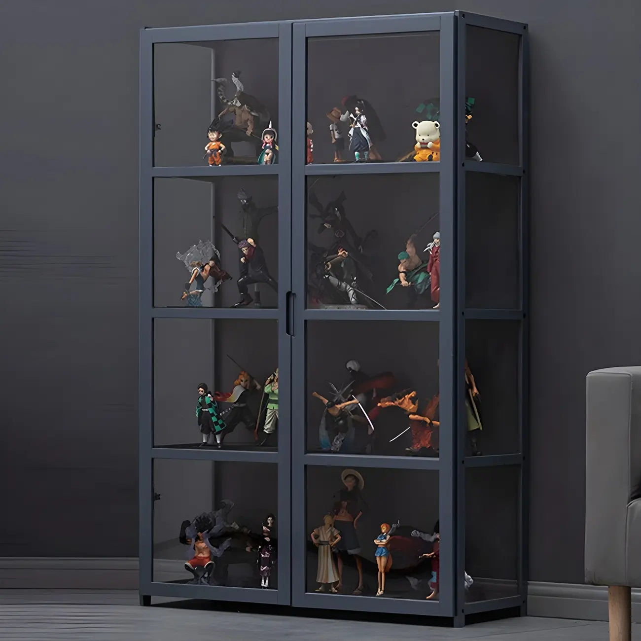 Étagère en bambou gris, vitrine avec porte en acrylique