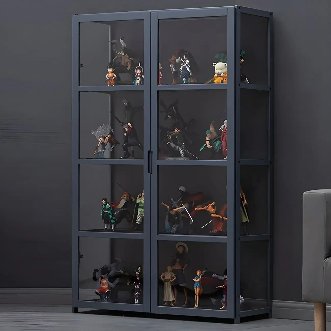 Étagère en bambou gris, vitrine avec porte en acrylique