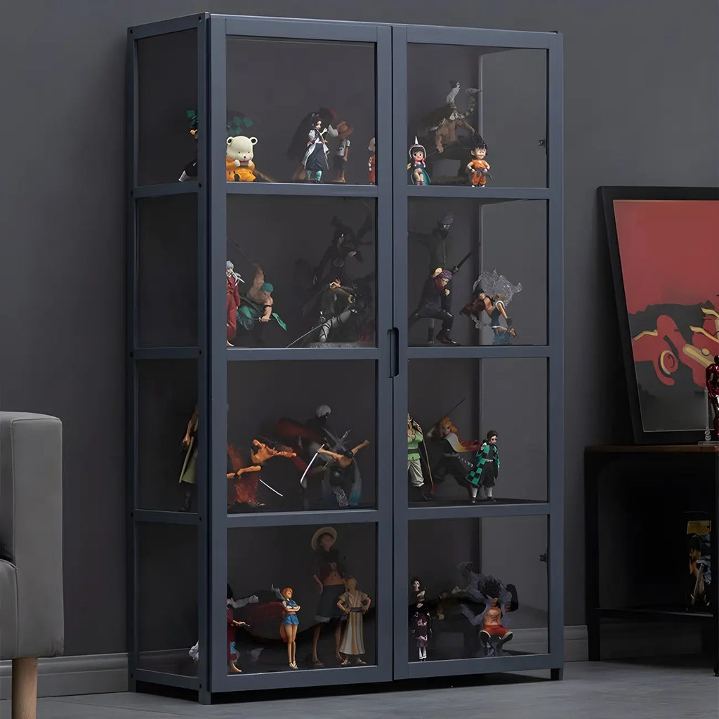 Étagère en bambou gris, vitrine avec porte en acrylique