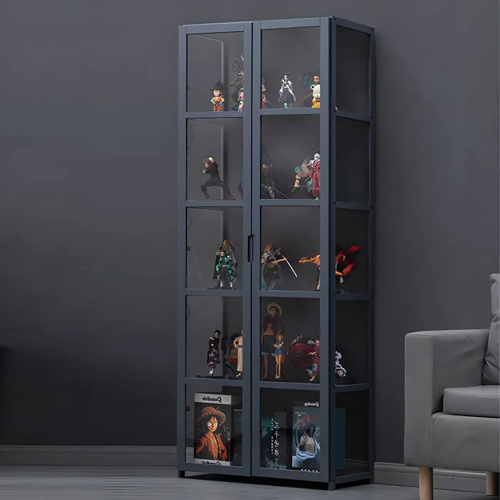 Étagère en bambou gris, vitrine avec porte en acrylique