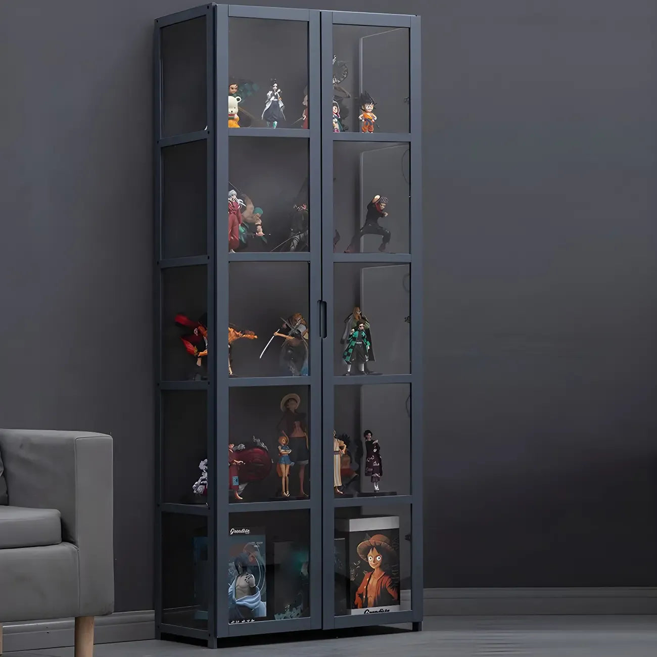 Étagère en bambou gris, vitrine avec porte en acrylique