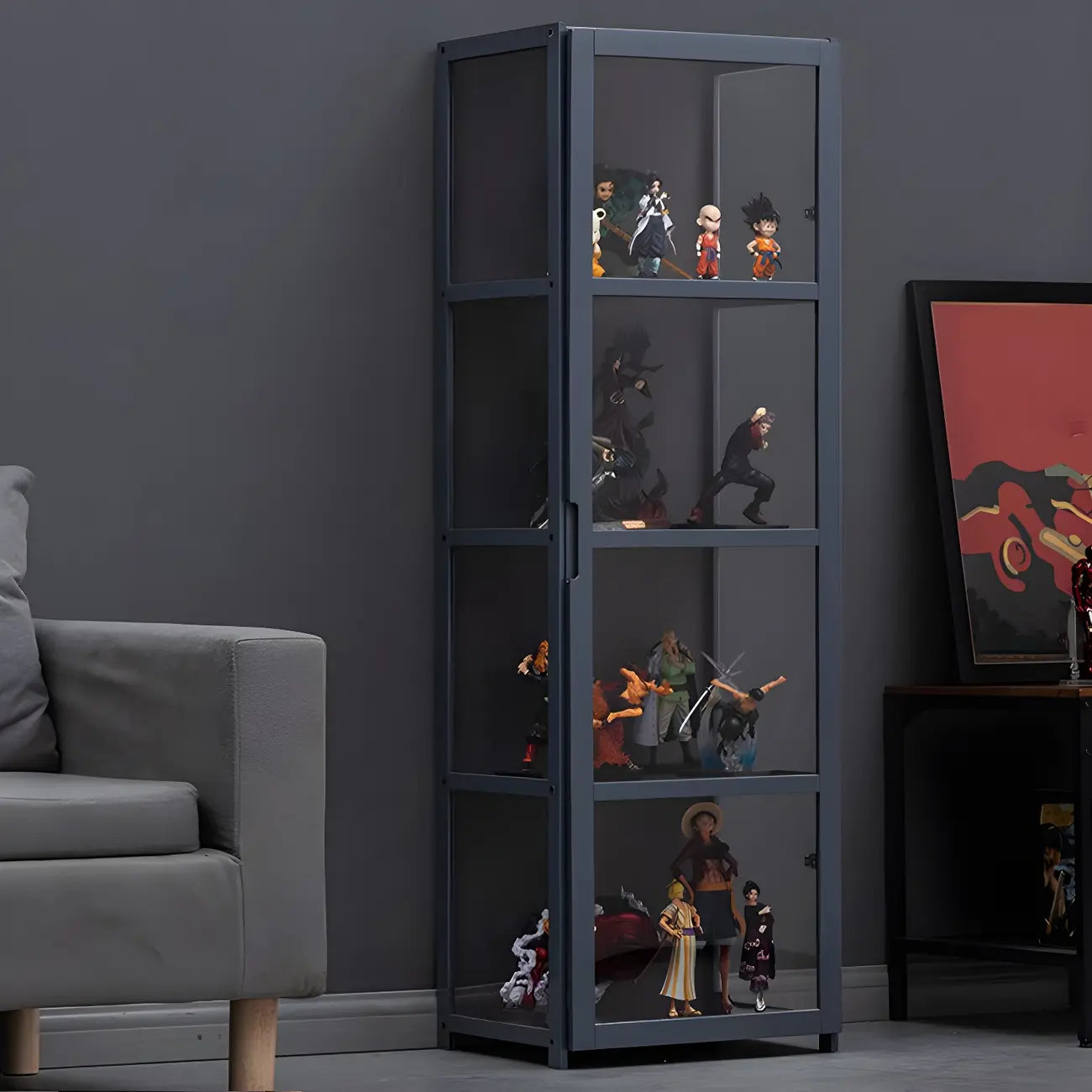 Étagère en bambou gris, vitrine avec porte en acrylique