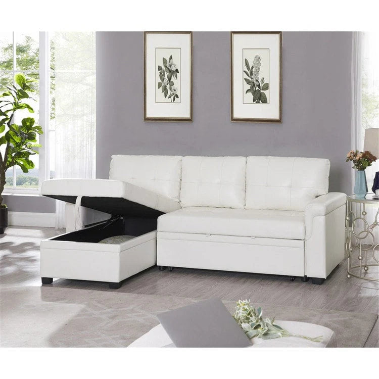Canapé d'angle convertible et réversible avec lit gigogne, méridienne de rangement dissimulée et pieds robustes.