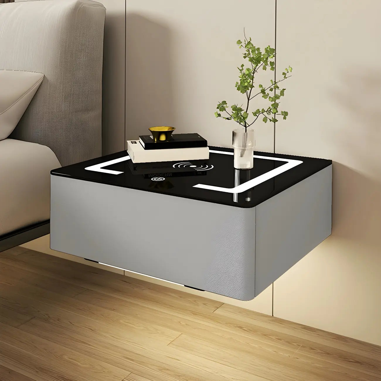 Table de chevet moderne suspendue avec plateau en pierre et tiroir