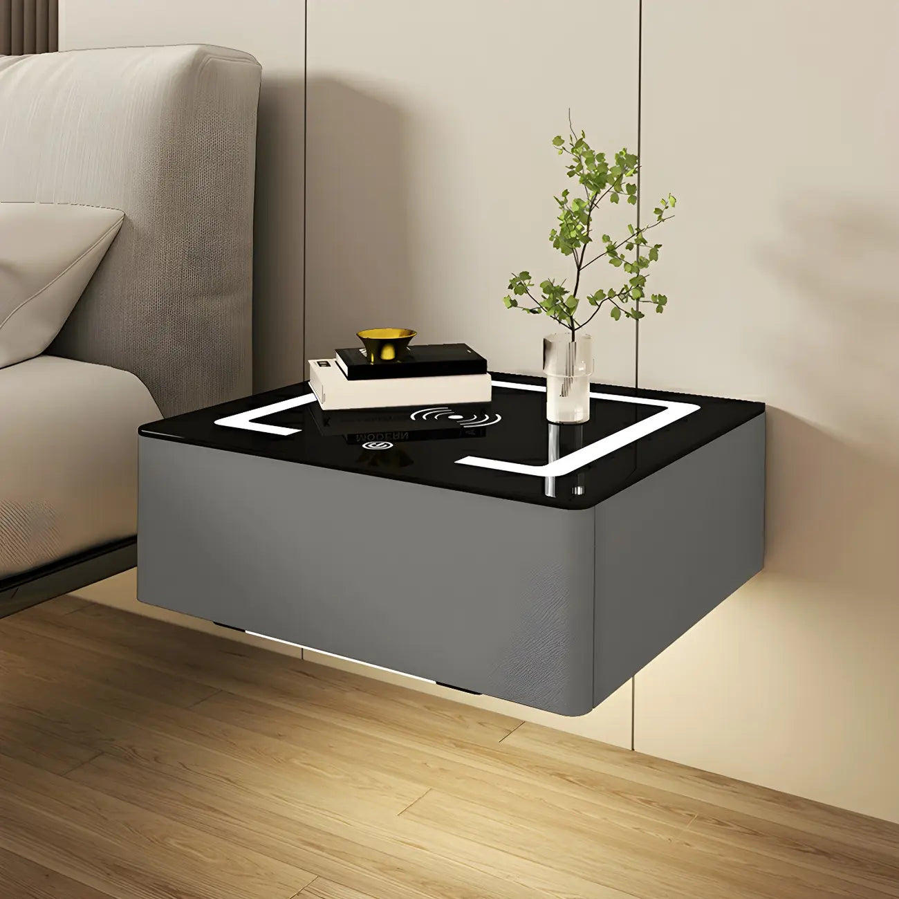 Table de chevet moderne suspendue avec plateau en pierre et tiroir