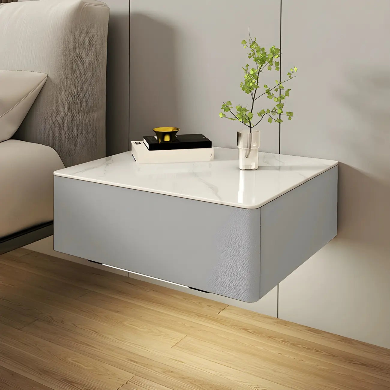 Table de chevet moderne suspendue avec plateau en pierre et tiroir