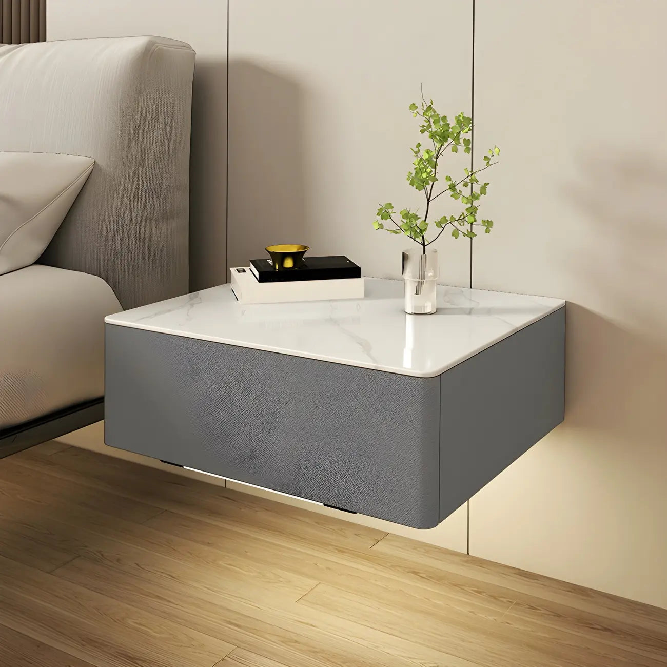 Table de chevet moderne suspendue avec plateau en pierre et tiroir