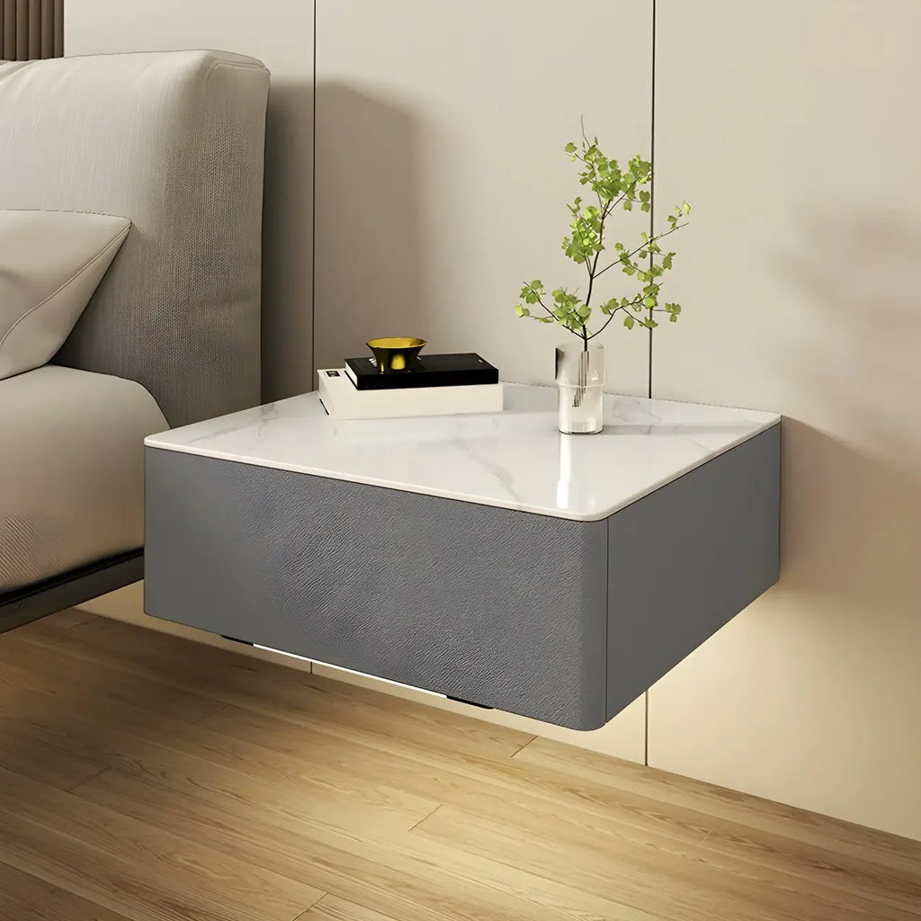 Table de chevet moderne suspendue avec plateau en pierre et tiroir