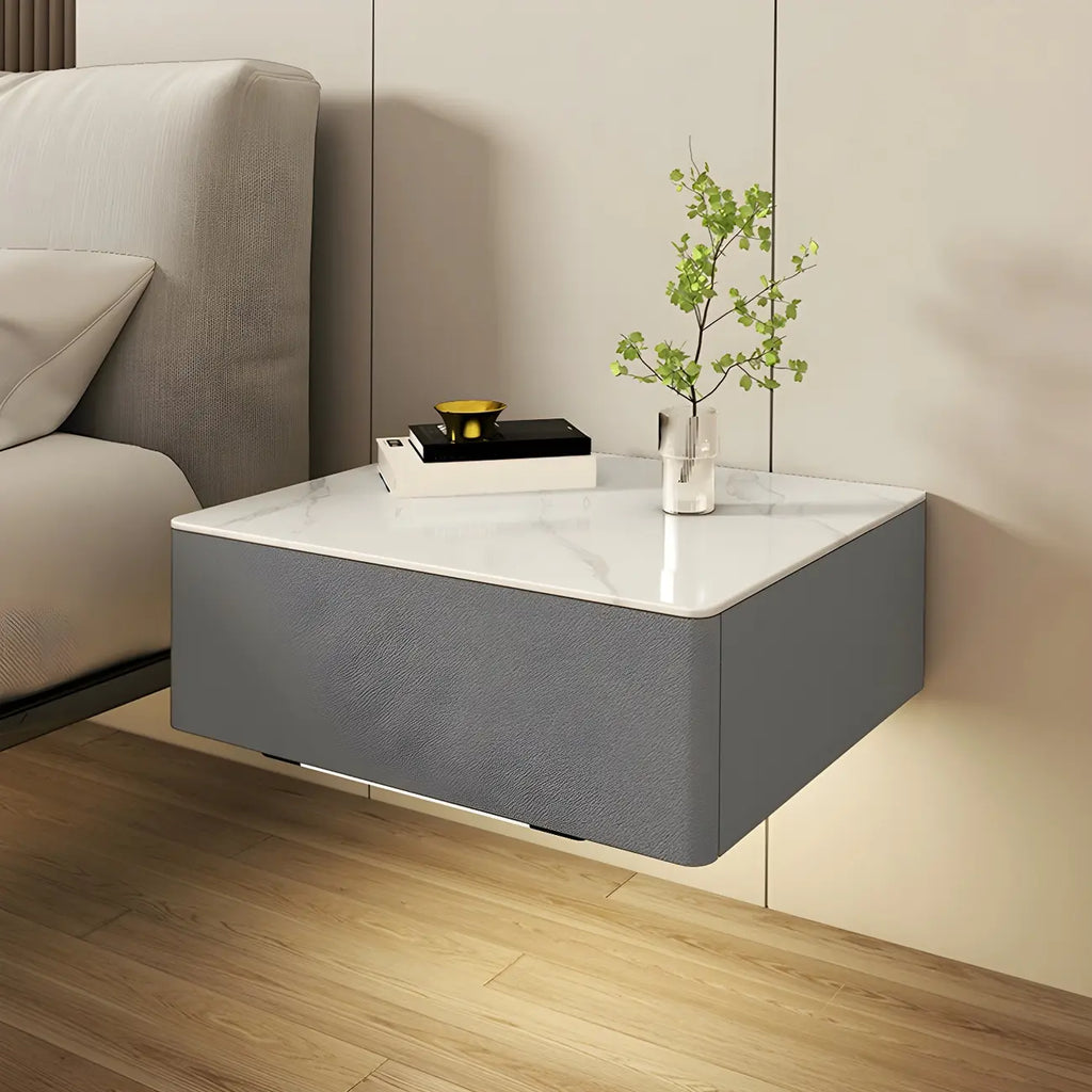 Table de chevet moderne suspendue avec plateau en pierre et tiroir