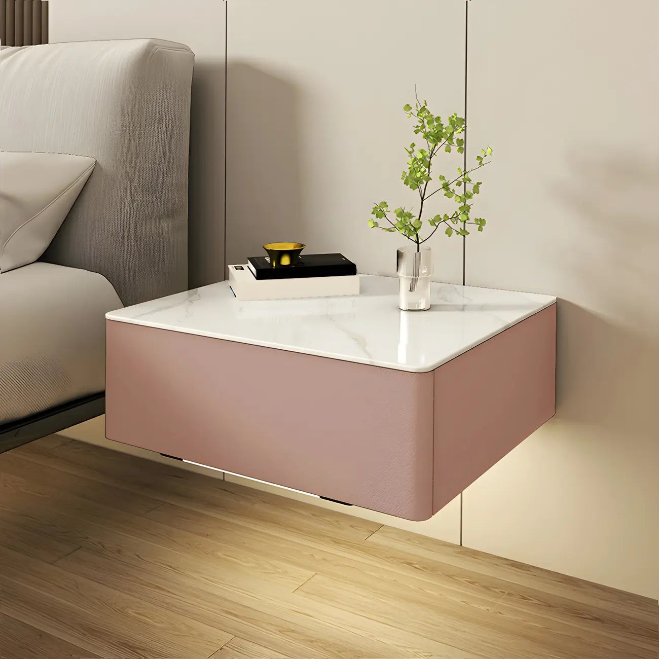 Table de chevet moderne suspendue avec plateau en pierre et tiroir
