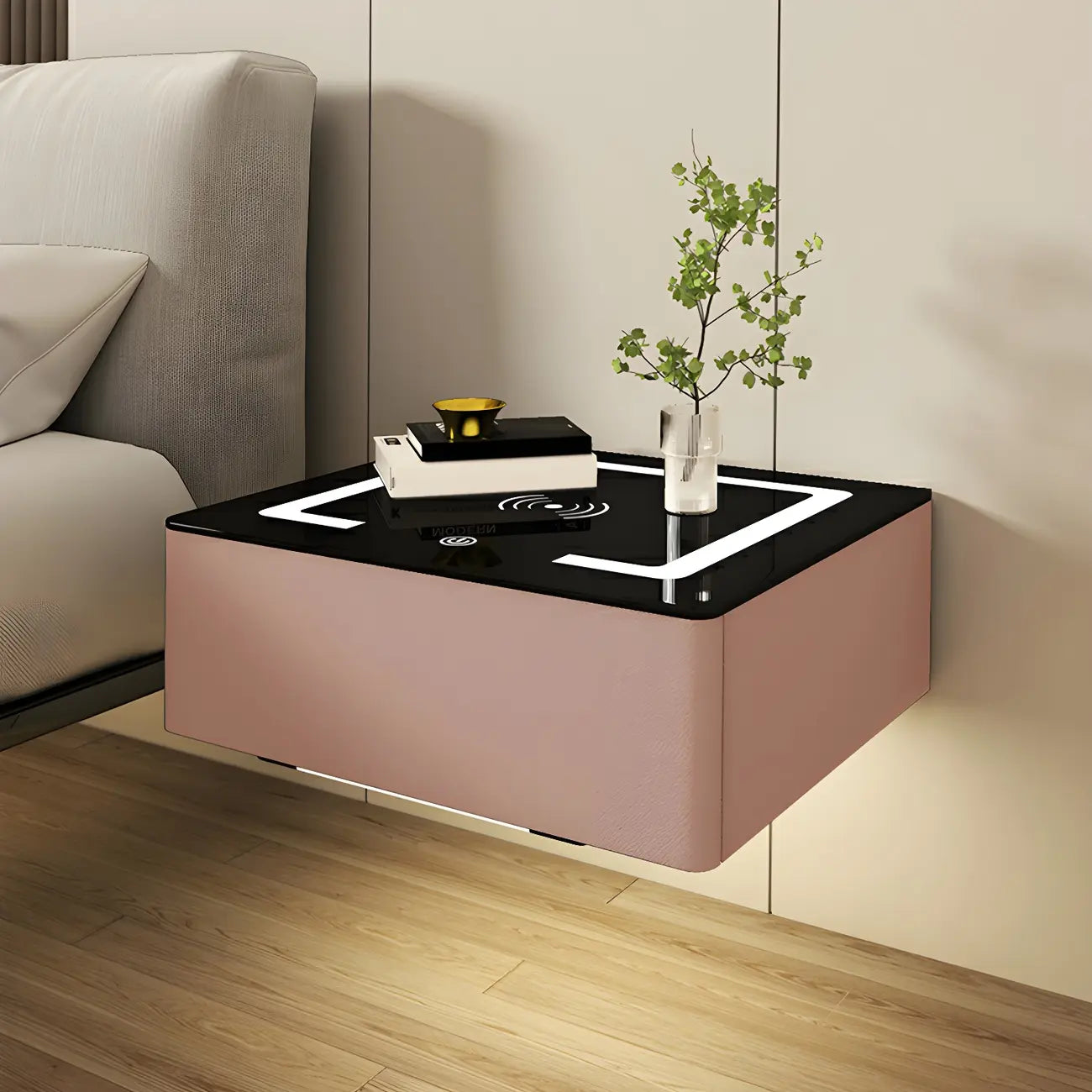 Table de chevet moderne suspendue avec plateau en pierre et tiroir