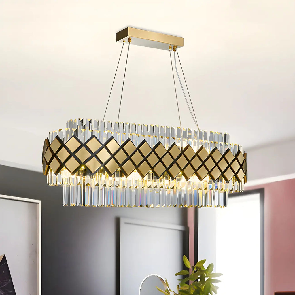 Lampadario a sospensione moderno ovale in cristallo dorato a 16 luci per cucina