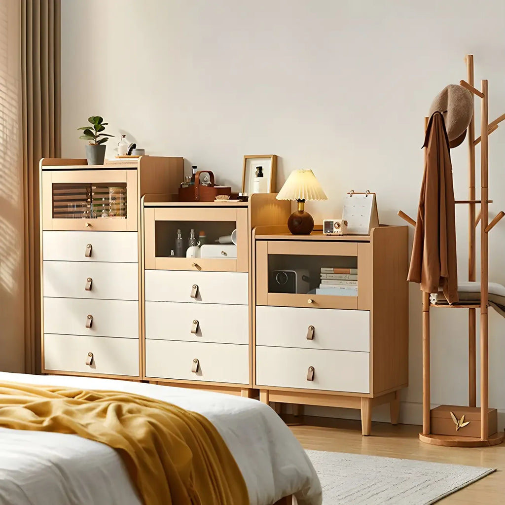Commode verticale minimaliste en bois naturel et verre