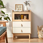 Commode en bois clair, finition naturelle durable et tiroirs en verre