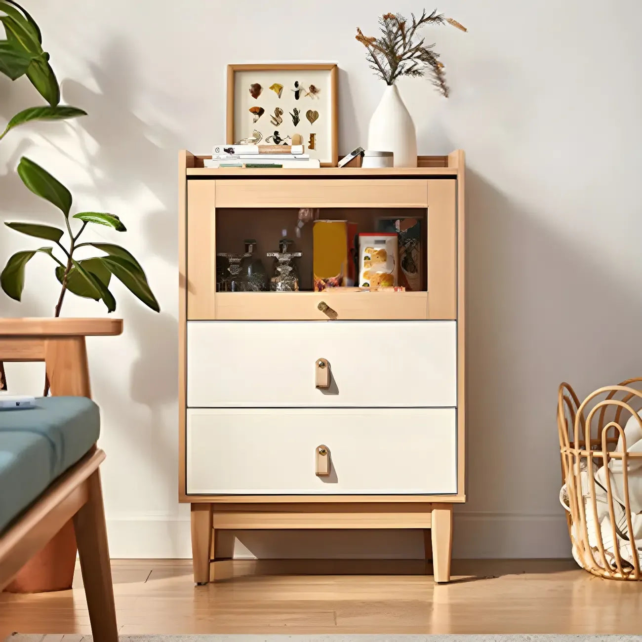 Commode verticale minimaliste en bois naturel et verre
