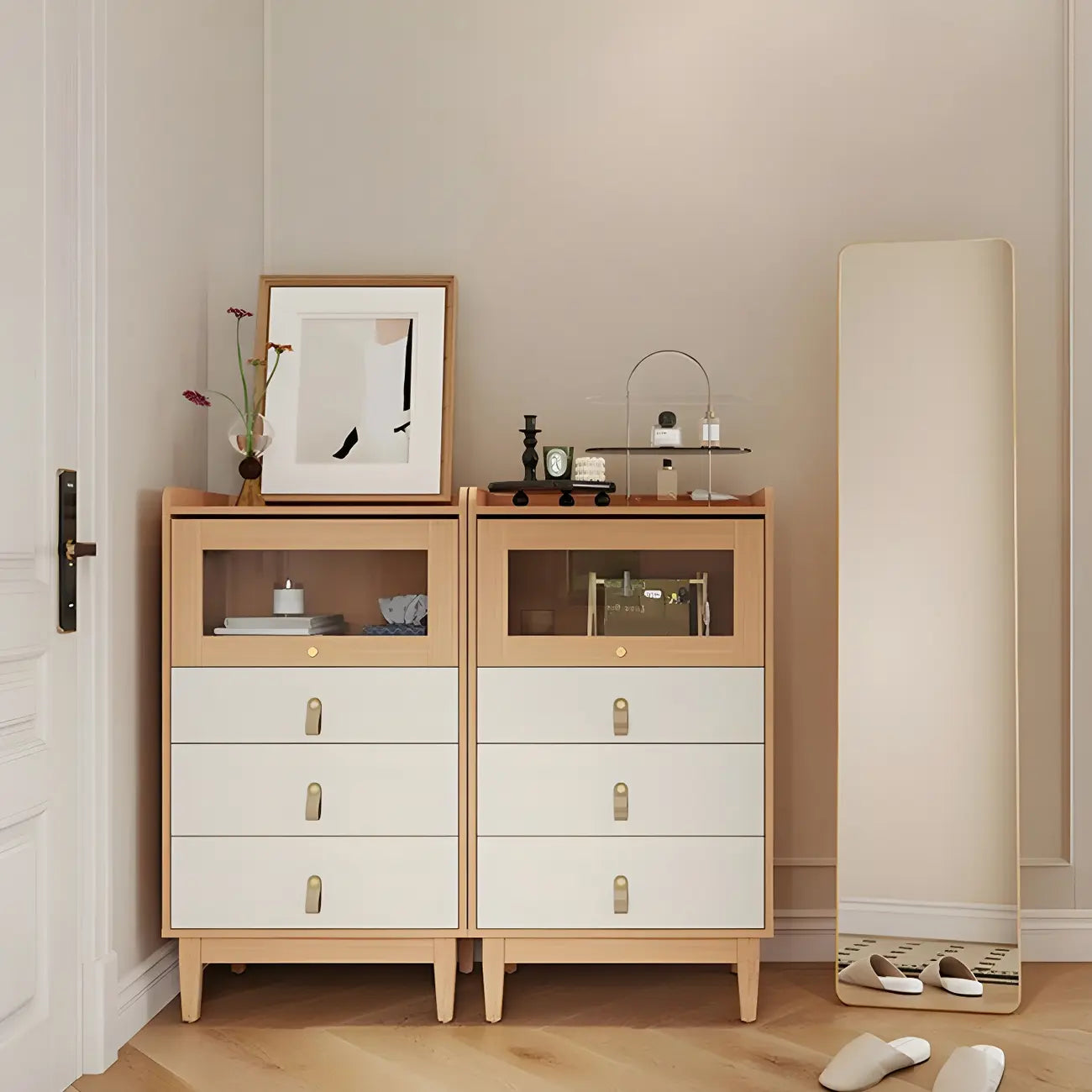 Commode verticale minimaliste en bois naturel et verre