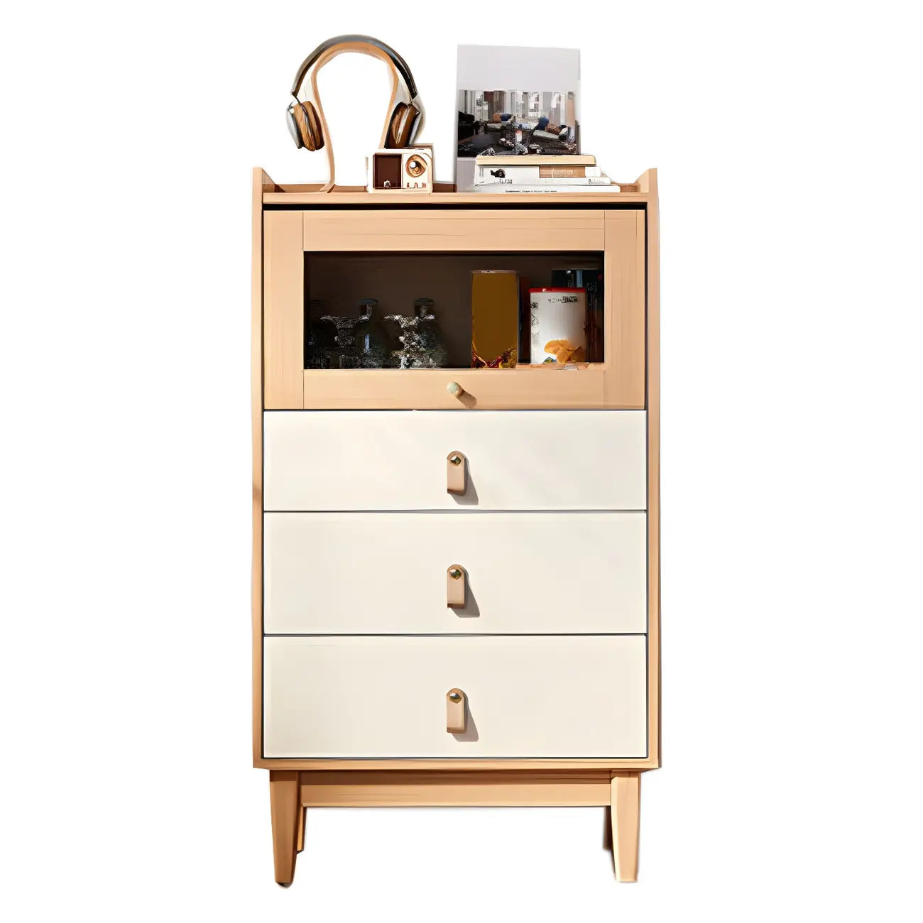 Commode verticale minimaliste en bois naturel et verre