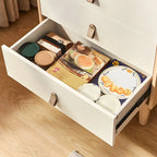 Commode en bois clair, finition naturelle durable et tiroirs en verre