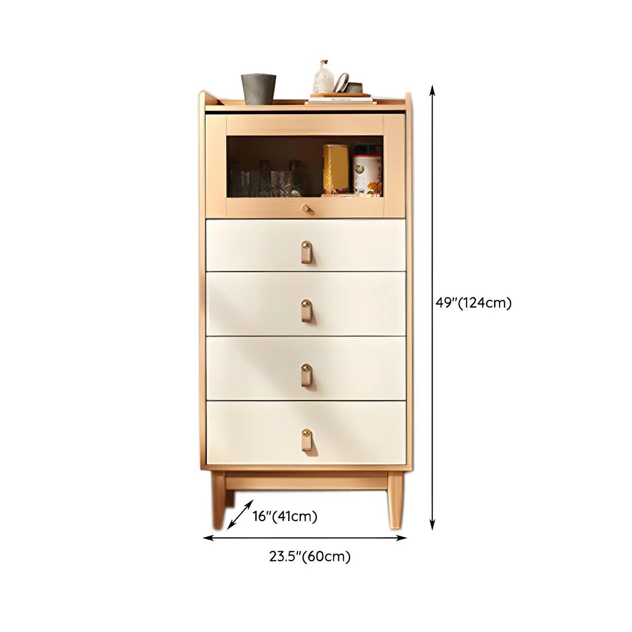 Commode en bois clair, finition naturelle durable et tiroirs en verre