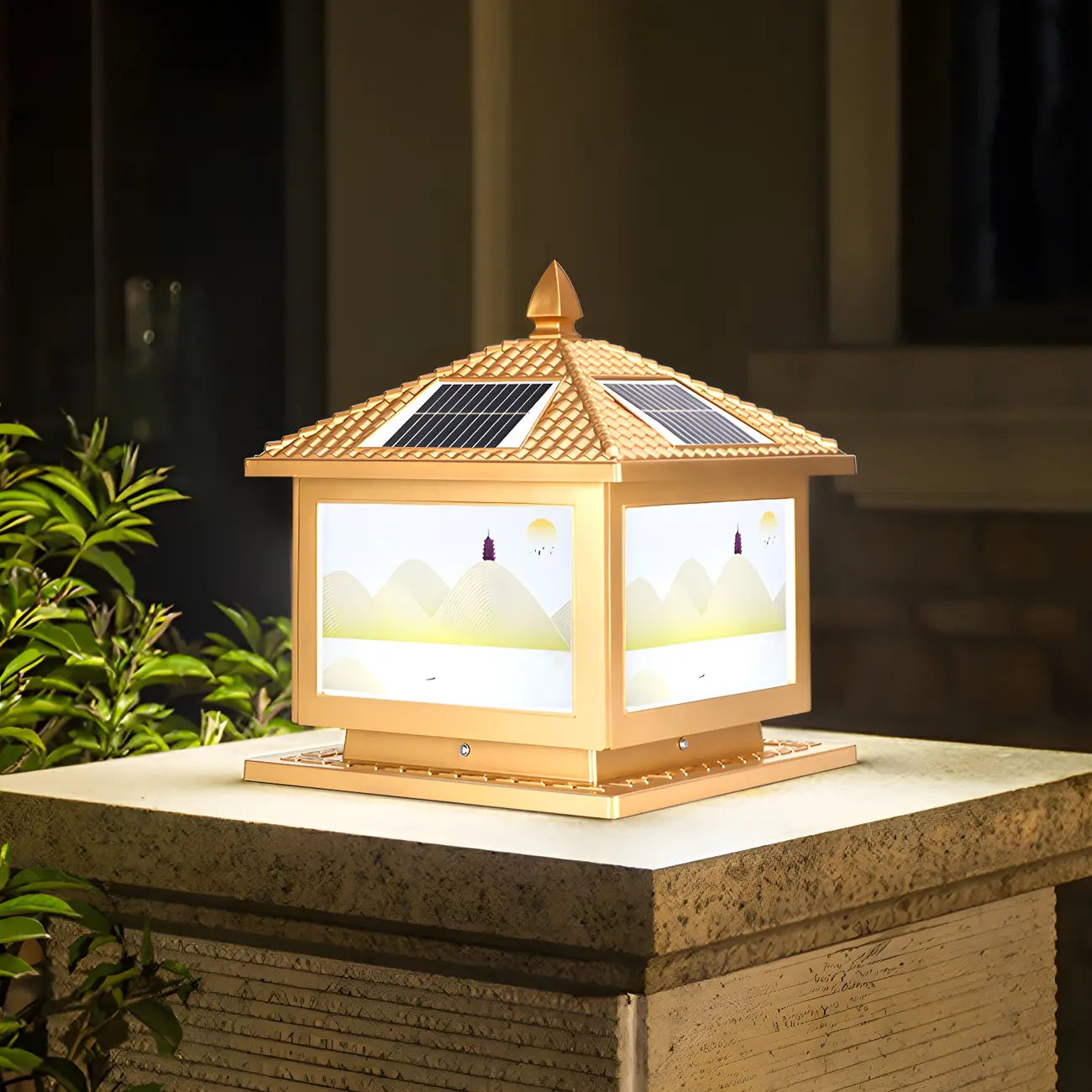 Lampadaires solaires carrés dorés en forme de maison pour l'extérieur