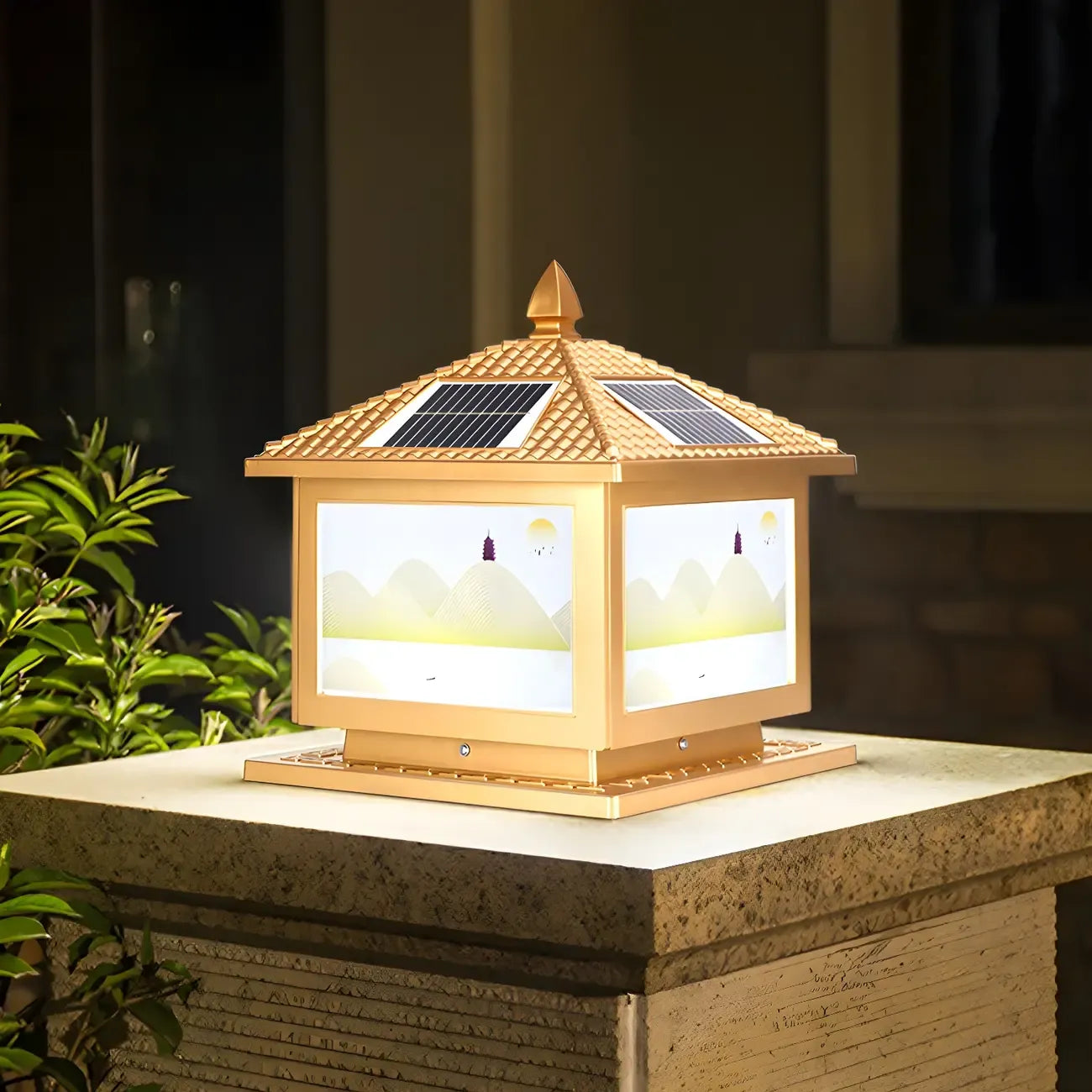 Lampadaires solaires carrés dorés en forme de maison pour l'extérieur
