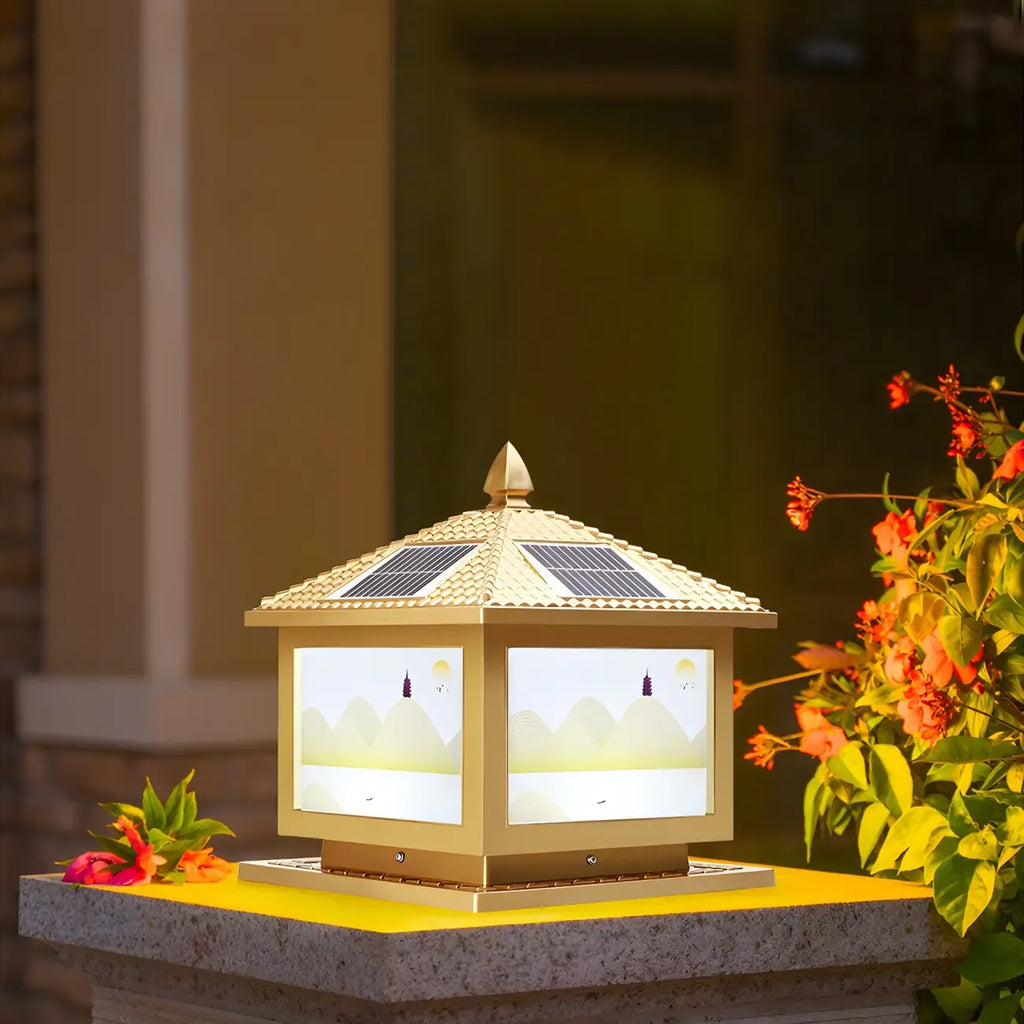 Lampadaires solaires carrés dorés en forme de maison pour l'extérieur