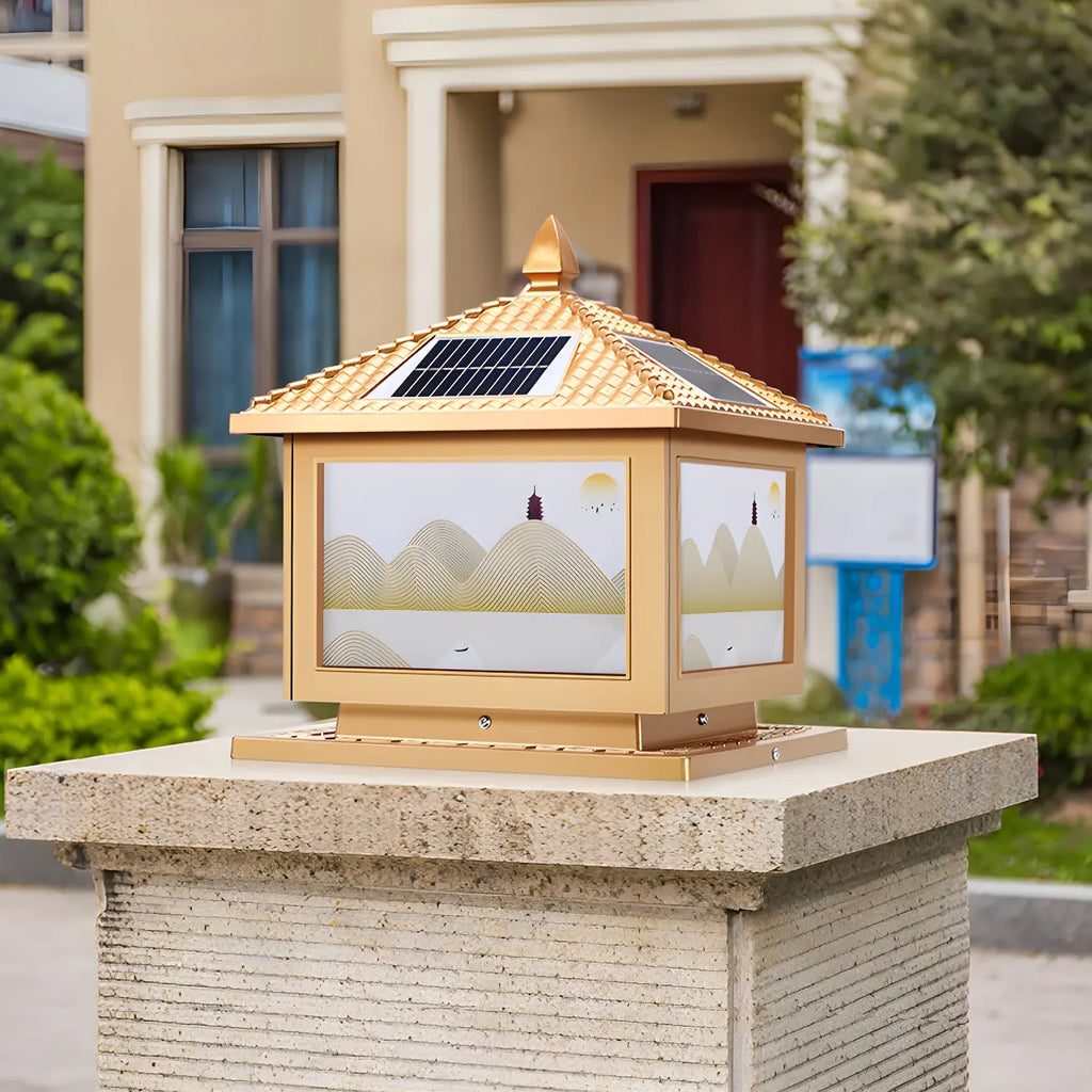 Lampadaires solaires carrés dorés en forme de maison pour l'extérieur