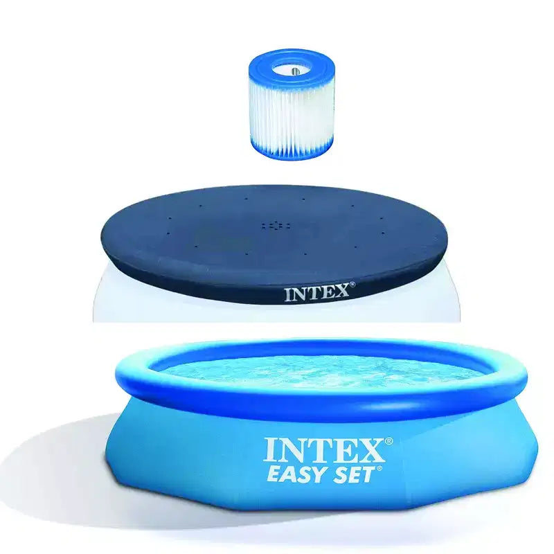 Intex Type H Easy Set Filter Cartridge Bundled with Pool Debris Vinyl Round Cover and Inflatable Above-Ground Kids Swimming Pool with Filter Pump