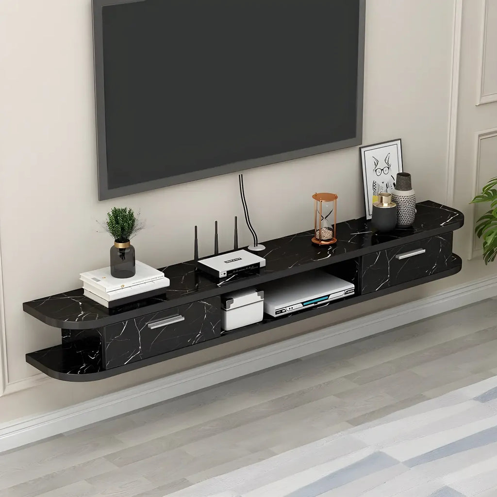 Meuble TV contemporain suspendu en bois noir avec rangement ouvert