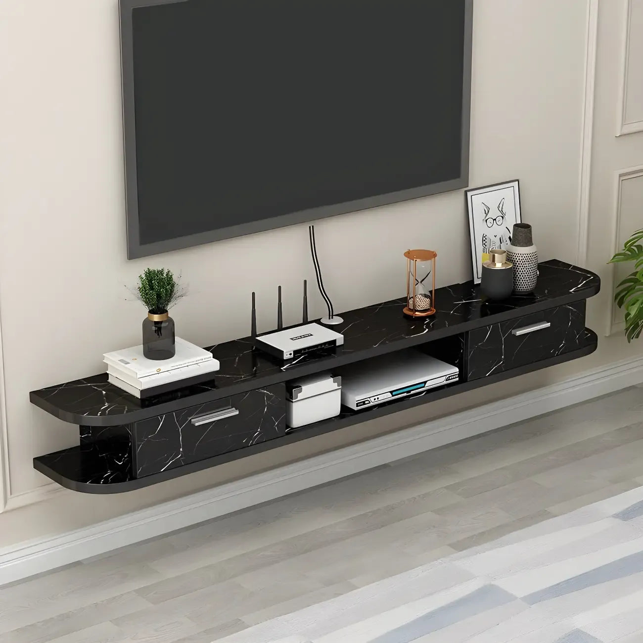 Meuble TV contemporain suspendu en bois noir avec rangement ouvert