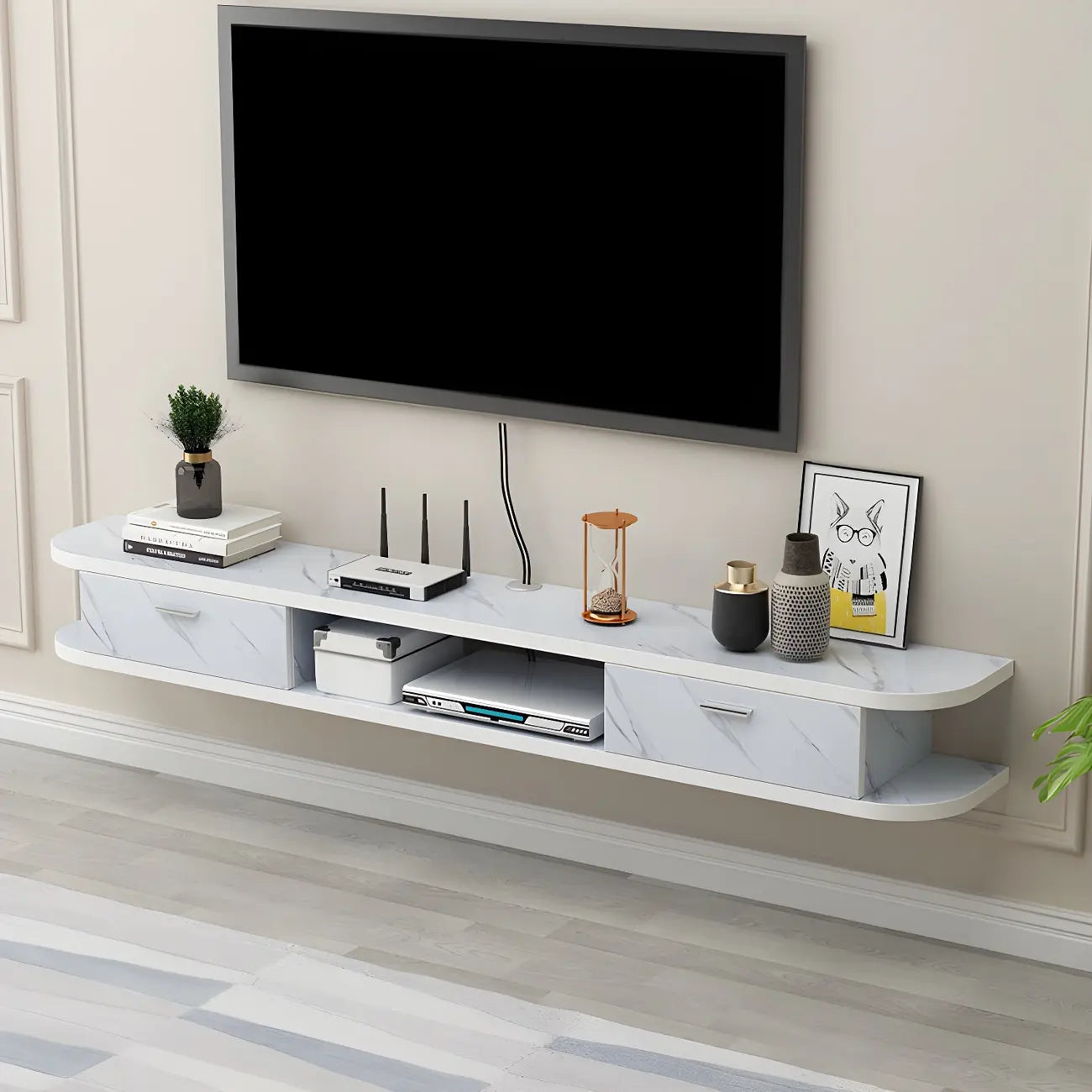 Meuble TV contemporain suspendu en bois noir avec rangement ouvert