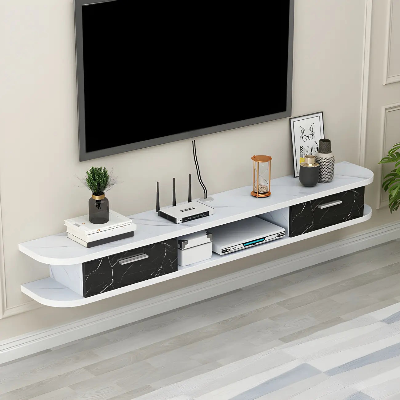 Meuble TV contemporain suspendu en bois noir avec rangement ouvert